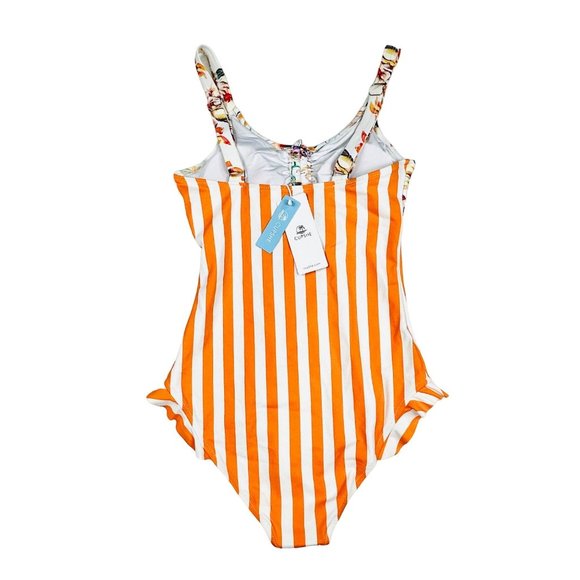 Cupshe Orange Striped/Floral Ruched Top Swimsuit w/Cutout - S - NWT - Picture 5 of 10